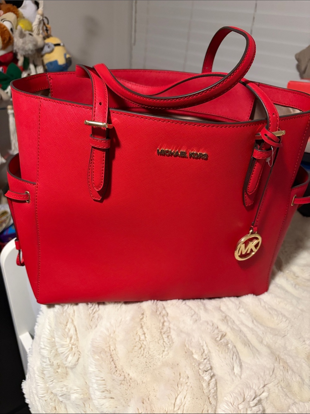 Michael Kors Bright Red Saffiano Leather Tote with Gold Accents